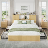 King Size Bed Frames with 4 Storage Drawers & 2-Tier Storage Headboards & Built-in USB Ports & Power Outlets, Metal Bed Frames Nox Box Spring Needed, Oak