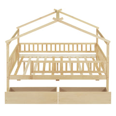 Full Size Wooden House Bed with Two Drawers, Natural