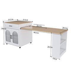80-inch Expandable Kitchen Island with Dining Table, Solid Wood Grain Countertop with Power Outlet, Mobile Storage Cart with Cabinet & 2 Drawers, Kitchen Prep Table(White)