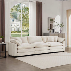 Mid-Century Modern Sofa 3-Seater Sectional Sofa with 2 Arm Pillows and 3 Throw Pillows, Light Beige Corduroy Fabric