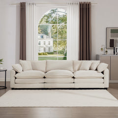 Mid-Century Modern Sofa 3-Seater Sectional Sofa with 2 Arm Pillows and 3 Throw Pillows, Light Beige Corduroy Fabric