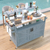 K&K 53.3" Outdoor Kitchen Island with Raised Shelf, Solid Wood Storage Cabinet with Stainless Steel Top, Outdoor Rolling Grill Cart with Internal Storage Rack, Adjustable Shelf, Spice Rack, Grey Blue