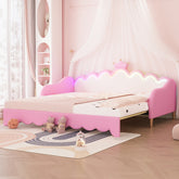 Twin Extending Daybed with LED Lights, Modern Upholstered Princess Daybed With Crown Headboard,Pink