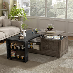 U-Can Farmhouse Lift Top Coffee Table With Barn Doors, Wood Rectangle Center Table With Large Hidden Storage Space And Open Cabinet, For Living Room, Bedroom, Home Office