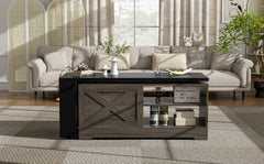 U-Can Farmhouse Lift Top Coffee Table With Barn Doors, Wood Rectangle Center Table With Large Hidden Storage Space And Open Cabinet, For Living Room, Bedroom, Home Office