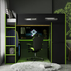 Full Size Wood Loft Bed with Desk,Wardrobe,Ample Storage Space,and RGB Light, Green(OLD SKU:LT000261AAG)