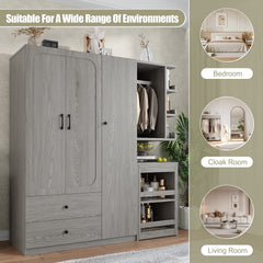Multifunctional Wardrobe with 2 Doors and Hanging Rod, Wooden clothes closet with Convertible Desk and Storage Drawers, Multi-storage Spaces, for Bedroom, Cloak Room, Laundry, Gray