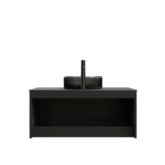 RUBEN 36" Bathroom Vanity&Sink, Wall-Mounted Floating Plywood Storage Cabinet, Twill Double Doors with Metal Trim, Transparent Black Round Glass Basin&Black Sintered Stone Top, Black