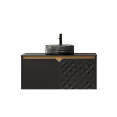 RUBEN 36" Bathroom Vanity&Sink, Wall-Mounted Floating Plywood Storage Cabinet, Twill Double Doors with Metal Trim, Transparent Black Round Glass Basin&Black Sintered Stone Top, Black