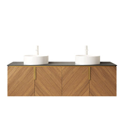 ARAI 60" Bathroom Vanity with Sinks, Floating Wall-Mounted Plywood Bathroom Storage Cabinet with 4 Doors, 2 White Round Ceramic Basins and Black Sintered Stone Countertop, Brown Oak Woodgrain Color