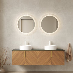 ARAI 60" Bathroom Vanity with Sinks, Floating Wall-Mounted Plywood Bathroom Storage Cabinet with 4 Doors, 2 White Round Ceramic Basins and Black Sintered Stone Countertop, Brown Oak Woodgrain Color