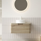 XAI 30" Bathroom Vanity with Sink, Wall-Mounted Plywood Storage Cabinet with Drawer, White Round Ceramic Basin and Roma Travertine-Pattern Sintered Stone Top, Pre-assembled, White Oak Woodgrain Color