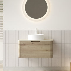 XAI 30" Bathroom Vanity with Sink, Wall-Mounted Plywood Storage Cabinet with Drawer, White Round Ceramic Basin and Roma Travertine-Pattern Sintered Stone Top, Pre-assembled, White Oak Woodgrain Color