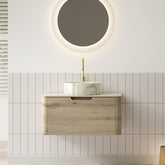 XAI 30" Bathroom Vanity&Sink, Floating Plywood Storage Cabinet with Drawer, Ceramic Basin with Stone Pattern& Travertine-Pattern Sintered Stone Top, Pre-assembled, White Oak Woodgrain Color (New SKU)