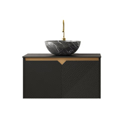 RUBEN 30" Bathroom Vanity&Sink, Wall-Mounted Floating Plywood Storage Cabinet, Twill Double Doors with Metal Trim, Black Bowl Ceramic Vessel Basin with Stone Pattern&Black Sintered Stone Top, Black