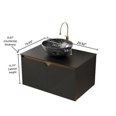 RUBEN 30" Bathroom Vanity&Sink, Wall-Mounted Floating Plywood Storage Cabinet, Twill Double Doors with Metal Trim, Black Bowl Ceramic Vessel Basin with Stone Pattern&Black Sintered Stone Top, Black