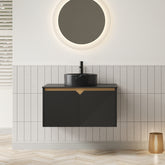RUBEN 30" Bathroom Vanity&Sink, Wall-Mounted Floating Plywood Storage Cabinet, Twill Double Doors with Metal Trim, Black Round Ceramic Vessel Basin with Stone Pattern&Black Sintered Stone Top, Black