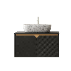 RUBEN 30" Bathroom Vanity&Sink, Wall-Mounted Floating Plywood Storage Cabinet, Twill Double Doors with Metal Trim, Marble Pattern Rectangle Ceramic Vessel Basin&Black Sintered Stone Top, Black