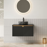 RUBEN 30" Bathroom Vanity&Sink, Wall-Mounted Floating Plywood Storage Cabinet, Twill Double Doors with Metal Trim, Transparent Black Round Glass Basin&Black Sintered Stone Top, Black
