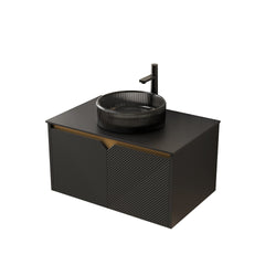 RUBEN 30" Bathroom Vanity&Sink, Wall-Mounted Floating Plywood Storage Cabinet, Twill Double Doors with Metal Trim, Transparent Black Round Glass Basin&Black Sintered Stone Top, Black