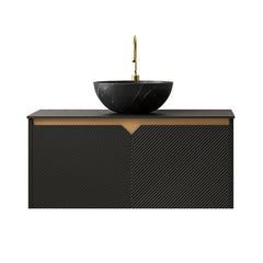 RUBEN 36" Bathroom Vanity&Sink, Wall-Mounted Floating Plywood Storage Cabinet, Twill Double Doors with Metal Trim, Black Bowl Ceramic Vessel Basin with Stone Pattern&Black Sintered Stone Top, Black