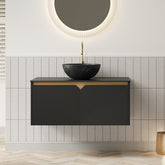 RUBEN 36" Bathroom Vanity&Sink, Wall-Mounted Floating Plywood Storage Cabinet, Twill Double Doors with Metal Trim, Black Bowl Ceramic Vessel Basin with Stone Pattern&Black Sintered Stone Top, Black