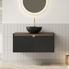 RUBEN 36" Bathroom Vanity&Sink, Wall-Mounted Floating Plywood Storage Cabinet, Twill Double Doors with Metal Trim, Black Bowl Ceramic Vessel Basin with Stone Pattern&Black Sintered Stone Top, Black