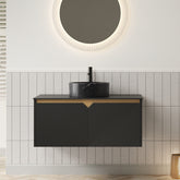 RUBEN 36" Bathroom Vanity&Sink, Wall-Mounted Floating Plywood Storage Cabinet, Twill Double Doors with Metal Trim, Black Round Ceramic Vessel Basin with Stone Pattern&Black Sintered Stone Top, Black