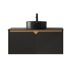 RUBEN 36" Bathroom Vanity&Sink, Wall-Mounted Floating Plywood Storage Cabinet, Twill Double Doors with Metal Trim, Black Round Ceramic Vessel Basin with Stone Pattern&Black Sintered Stone Top, Black