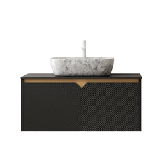 RUBEN 36" Bathroom Vanity&Sink, Wall-Mounted Floating Plywood Storage Cabinet, Twill Double Doors with Metal Trim, Marble Pattern Rectangle Ceramic Vessel Basin&Black Sintered Stone Top, Black