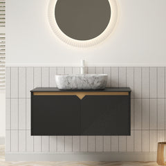 RUBEN 36" Bathroom Vanity&Sink, Wall-Mounted Floating Plywood Storage Cabinet, Twill Double Doors with Metal Trim, Marble Pattern Rectangle Ceramic Vessel Basin&Black Sintered Stone Top, Black