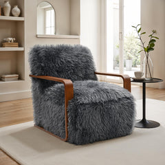 Charcoal Gray Finish 1pc Accent Chair Long Soft Faux Fur Retro Inspired Curve Wooden Arms Tight Seat And Back Primary living Room