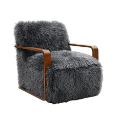 Charcoal Gray Finish 1pc Accent Chair Long Soft Faux Fur Retro Inspired Curve Wooden Arms Tight Seat And Back Primary living Room