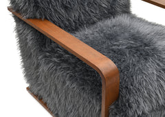 Charcoal Gray Finish 1pc Accent Chair Long Soft Faux Fur Retro Inspired Curve Wooden Arms Tight Seat And Back Primary living Room