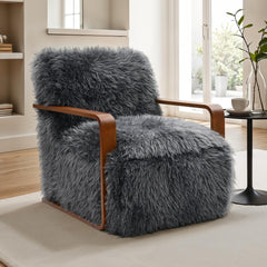 Charcoal Gray Finish 1pc Accent Chair Long Soft Faux Fur Retro Inspired Curve Wooden Arms Tight Seat And Back Primary living Room