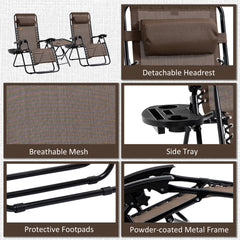 Outsunny Zero Gravity Chair Set with Side Table, Folding Reclining Chair with Cupholders & Pillows, Adjustable Lounge Chair for Pool, Backyard, Lawn, Beach, Brown