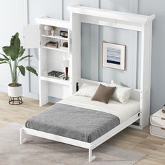 Queen Size Murphy Bed with Multiple Storage Shelves and Louvered Style Decoration, White