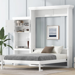 Queen Size Murphy Bed with Multiple Storage Shelves and Louvered Style Decoration, White