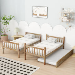 Twin Over Twin Rubber Wood Bunk Bed with Trundle, Convertible into 2 Twin Size Beds, Twin Size Bunk Bed with Ladder and Safety Guardrails,White Oak