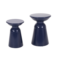 Serenita Outdoor Iron Side Tables with Flared Design, Set of 2 , Navy Blue