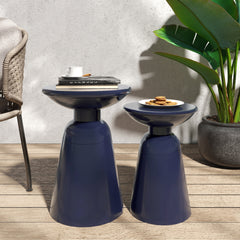 Serenita Outdoor Iron Side Tables with Flared Design, Set of 2 , Navy Blue
