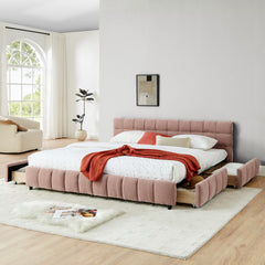 King Size Upholstered Bed ,comfortable upholstered bed frame, Chenille fabric, with headboard and solid bed frame. With drawer for storage.-Pink(88.5''*85.5''*31'')
