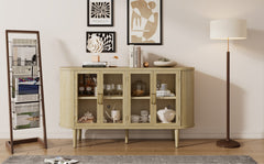 TREXM Farmhouse Sideboard Cabinet with Storage, Wood Buffet Cabinet with Glass Doors and Adjustable Shelves for Kitchen, Dining Room and Living Room (Natural)