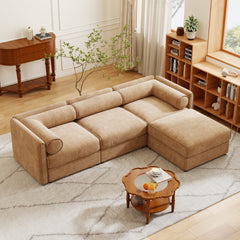 Elegant Camel Chenille Sofa with Storage Seat and Ottoman, L-Shaped 3-Seater Cylindrical Backrest and Armrests, Contemporary 3-Seater Fabric Couch with Hidden Storage Compartment