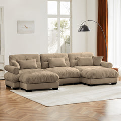 U Shape Modular Sectional Sofa Couch with Two Movable Ottomans, Modern 3 Seat Corner Sofa With Waist Pillows, Throw Pillows and Blostered Armrests, Convertible L Shaped Couch for Living Room,Camel