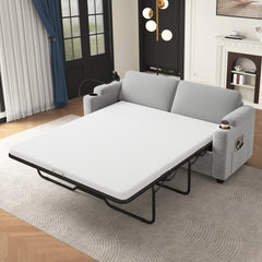 72.8" Corduroy Sleeper Sofa Loveseat Sofa with Full Size Mattress, Two USB Ports, Two Cup Holders, Two Side Pockets and a Phone Holder for Living Room, Grey