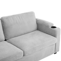 72.8" Corduroy Sleeper Sofa Loveseat Sofa with Full Size Mattress, Two USB Ports, Two Cup Holders, Two Side Pockets and a Phone Holder for Living Room, Grey