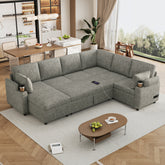 109.9" Sectional Sofa Versatile Sofa Bed Sofa Sleeper U-shaped Sofa with Ample Storage Space, Two Cup Holders and Charging Ports for Living Room, Light Grey