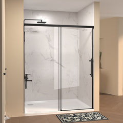 48" W × 72" H Single Sliding Shower Door,5mm fixed glass and 6mm sliding glass Frameless , Clear Tempered Glass, Stainless Steel handle,Matte Black