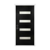 36 x 80 Fiberglass Entry Door with Brickmould, Frosted Glass - Contemporary Style for Home's Front Entrance, Right Hand Inswing, Black Finished Knock-Down Fiberglass Door with 6-9/16 White Vinyl Frame